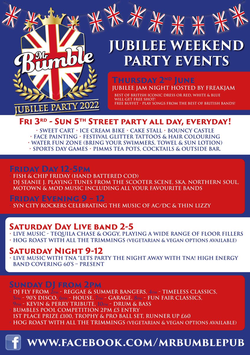 IHCreates's tweet photo. I've been helping @mrbumblespub get ready for their  weekend of Jubilee events, designing a poster for them! If you are around the Blackwater/Camberley area why not join the fun?
And if you need a poster for your events, why not drop me a message or visit https://t.co/EEKZHZyfZq https://t.co/6z66CA4xAr