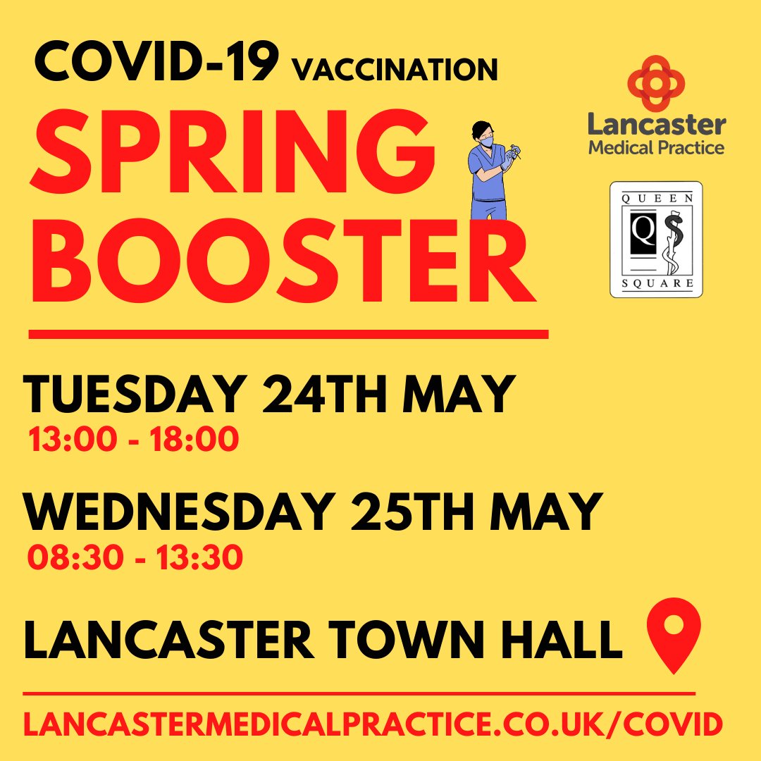 See below for our COVID-19 vaccination clinics this week. Walk-ins welcome.

1st, 2nd and booster vaccinations available, as well as an additional spring booster for those eligible.

Visit our website for more information: lancastermedicalpractice.co.uk/health-informa…