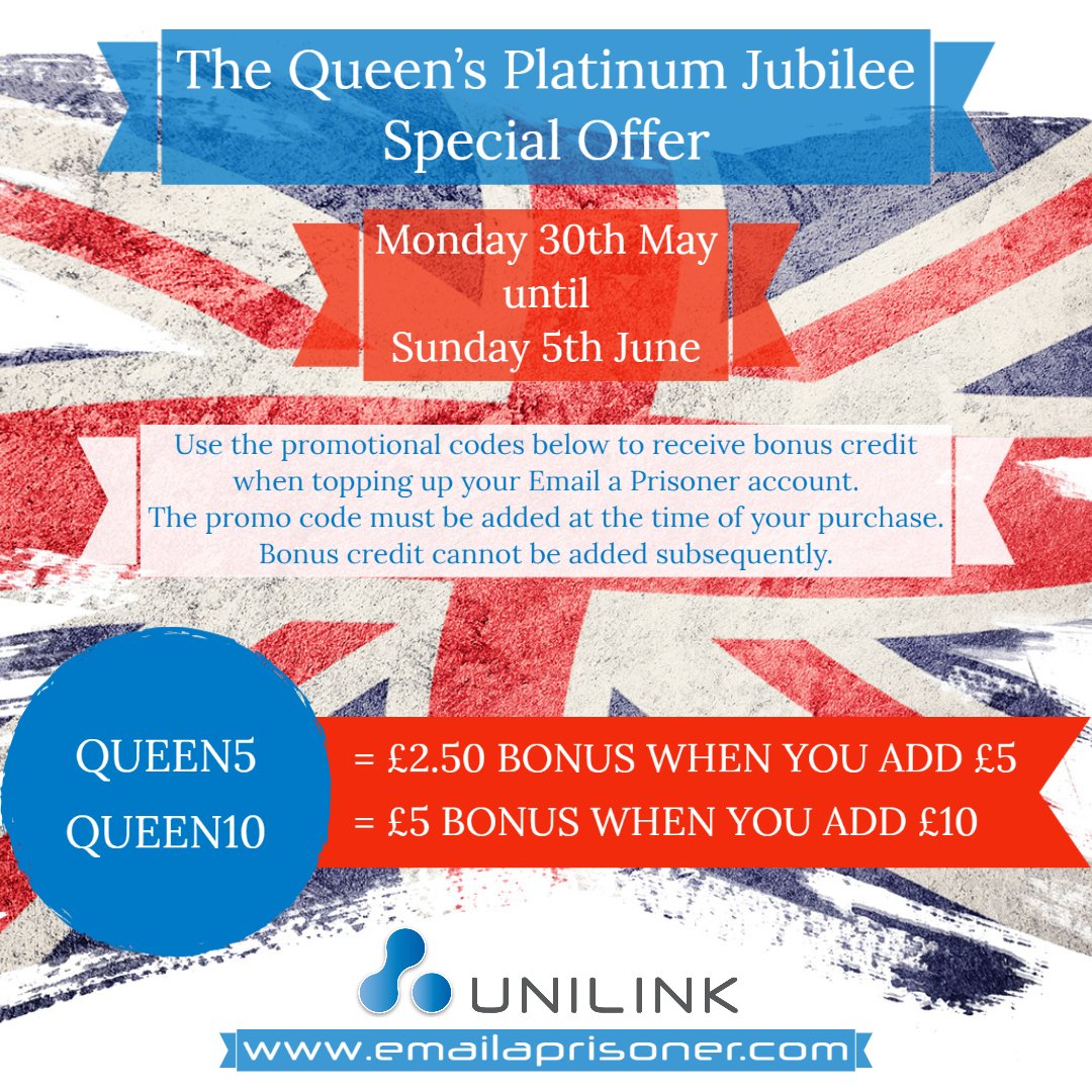 PrisonTechnolog's tweet photo. ๐ฌ๐งONE WEEK ONLY!๐ฌ๐ง
Special offer to celebrate the #QueensPlatinumJubilee
Mon 30th May - Sun 5th June
Receive bonus credit when purchasing ยฃ5 or ยฃ10 for #emailaprisoner
Code must be added at time of purchase!
@prisonadvice @FamiliesOutside @NIPrisons @hmpps @scottishprisons https://t.co/n9C4dt4eDd