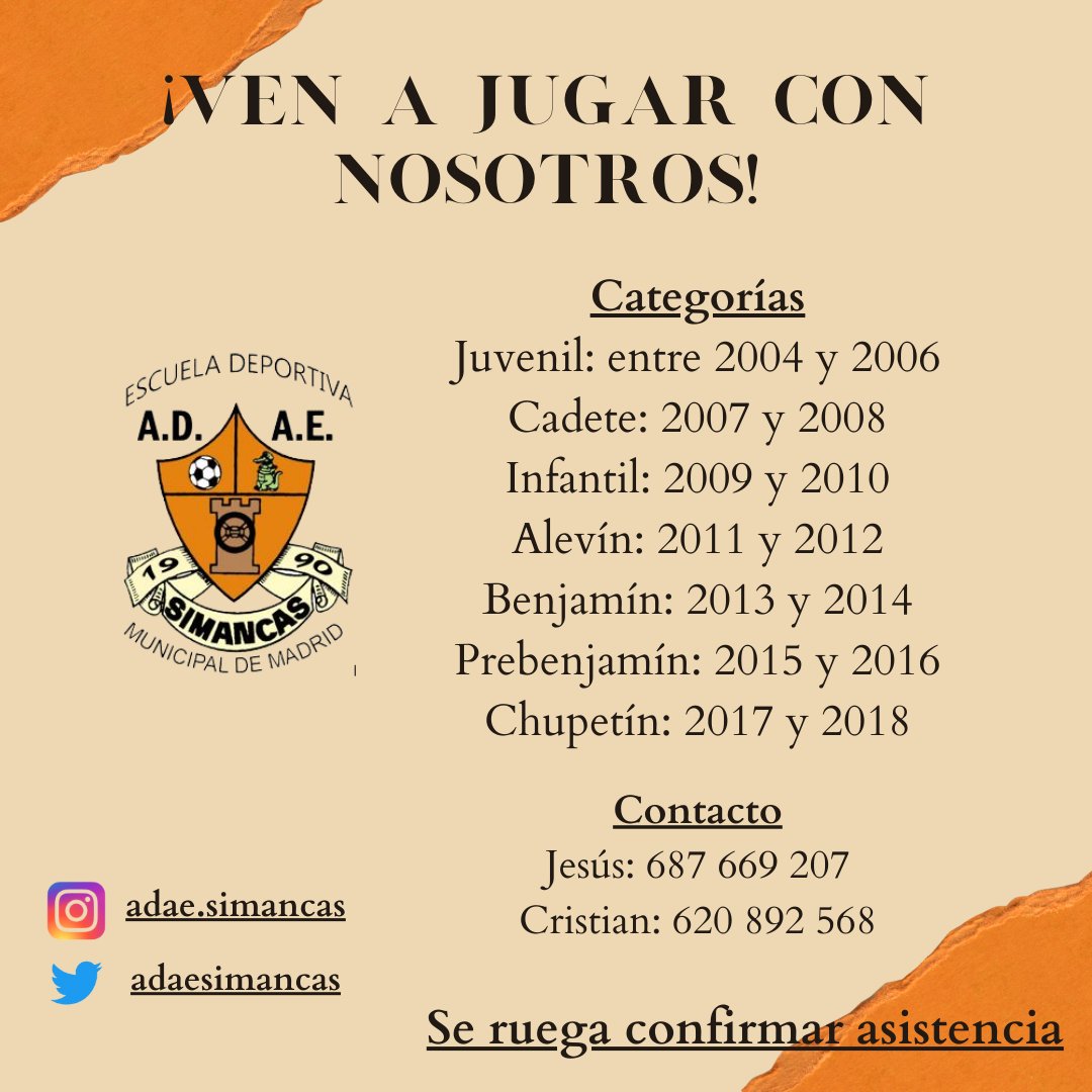 ADAESIMANCAS's tweet photo. ¿Quieres formar parte de la familia de ADAE Simancas? A partir de mañana 24 de mayo comienzan las puertas abiertas en las categorías base de fútbol sala. ¡Ponte en contacto y confirma tu asistencia! https://t.co/W5IcAOicd2