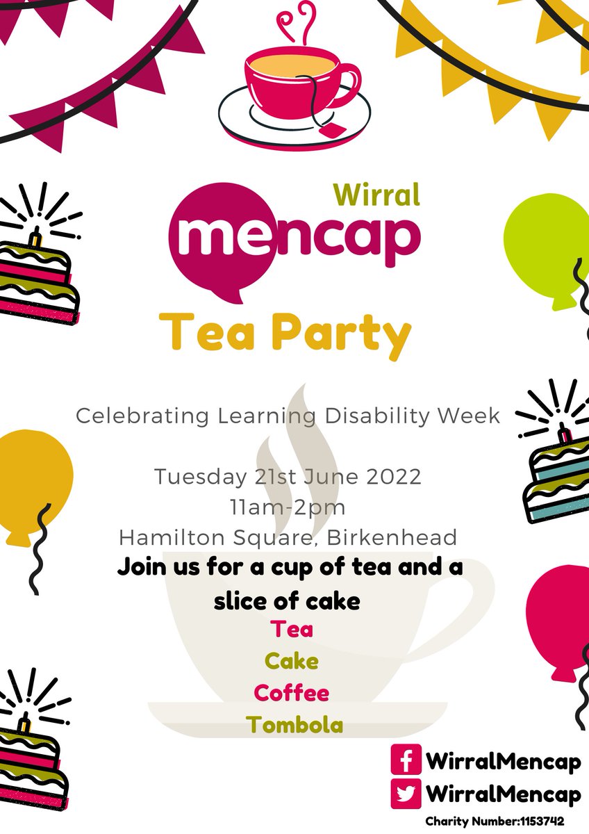 We all love a cup of tea and a piece of cake! Come along to our Tea Party on Tuesday 21st June to celebrate #learningdisabilityweek.

#Coffee #cake #teaparty
