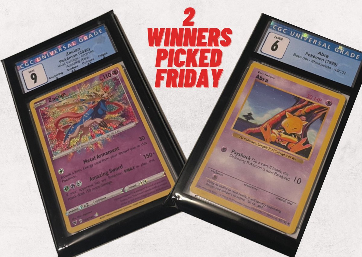 poketart's tweet photo. To kick off this new account let’s do a #pokemontcg giveaway!

2 Winners 🏆 
🥇 gets a Shadowless Abra CGC 6! 
🥈 gets a Zacian CGC 9! 

✅ follow @poketart
🌀RT this
📸 Tag a buddy or two in the comments section 
🏆 Winner randomly selected on May 27th https://t.co/tGqfuXS6nB