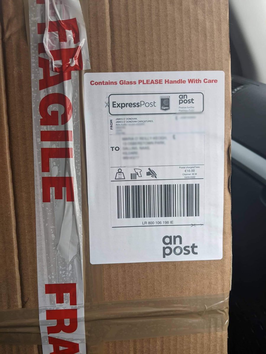 JamesDrawsFaces's tweet photo. @AnPostvox after paying for “Premium Express Next Working Day Delivery” for this Framed Commissioned Artwork of a Family for a Grandfather’s significant birthday, not only was it late but shattered on arrival for my understandably disappointed customer. Now it’s being posted back https://t.co/CKnuuJLMJJ