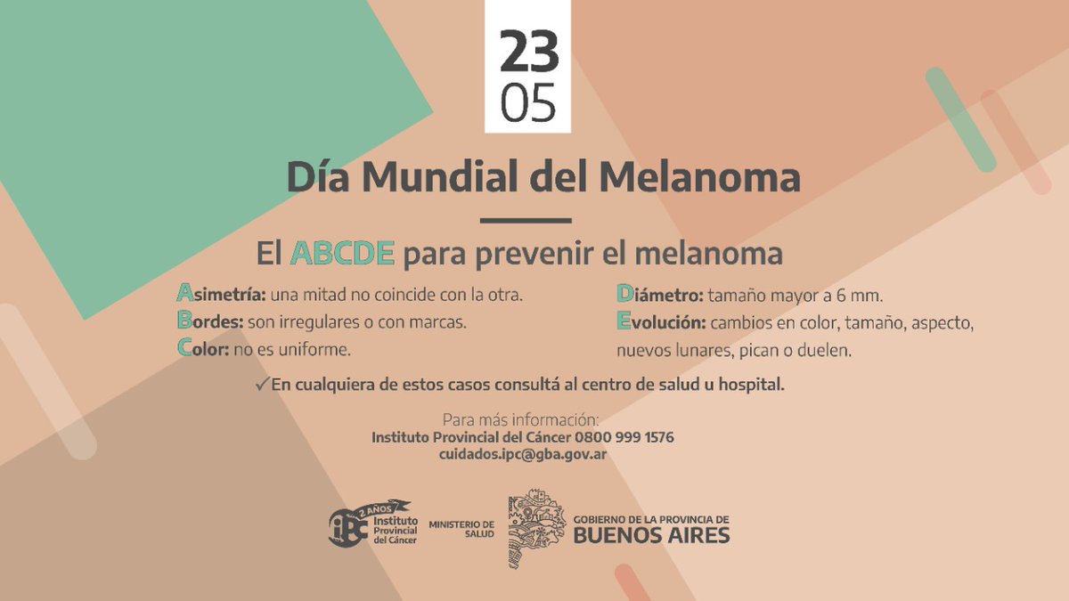 🚧 El melanoma es un tipo de Cáncer de piel que si se diagnostica tempranamente se puede curar.
Evitar la exposición al sol y prestar atención a tus lunares ayudan a prevenirlo.
👇 Conocé y reconocé como detectarlo con el ABCDE de la prevención del Melanoma.

<a href="/BAProvincia/">Gobierno PBA</a>