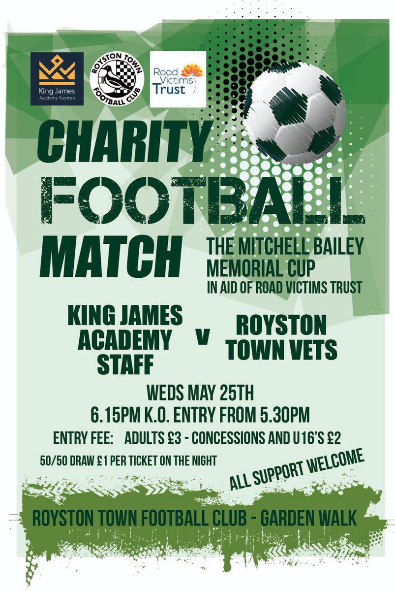 roystontyouthfc's tweet photo. CHARITY MATCH

Several RTY coaches/parents are playing for @RoystonTownFC Vets v @KJARSchool in a charity match at Garden Walk in aid of the Road Victims Trust-they would love to see the Youth down there on Wednesday

Link to donate if you cannot attend

https://t.co/dtnnNzrRdV https://t.co/OLJk9jWLf9