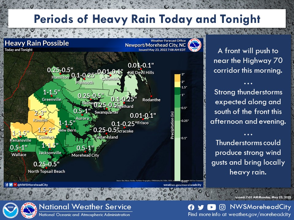 NWSMoreheadCity's tweet photo. 5/23/22 @ 7:30 am - A front pushing into the area combined with moisture lifting out of the Gulf of Mexico is expected to bring periods of heavy rain across parts of ENC this afternoon and evening. We could see a few strong thunderstorms bringing damaging wind gusts as well. https://t.co/dwQ52qpTN0