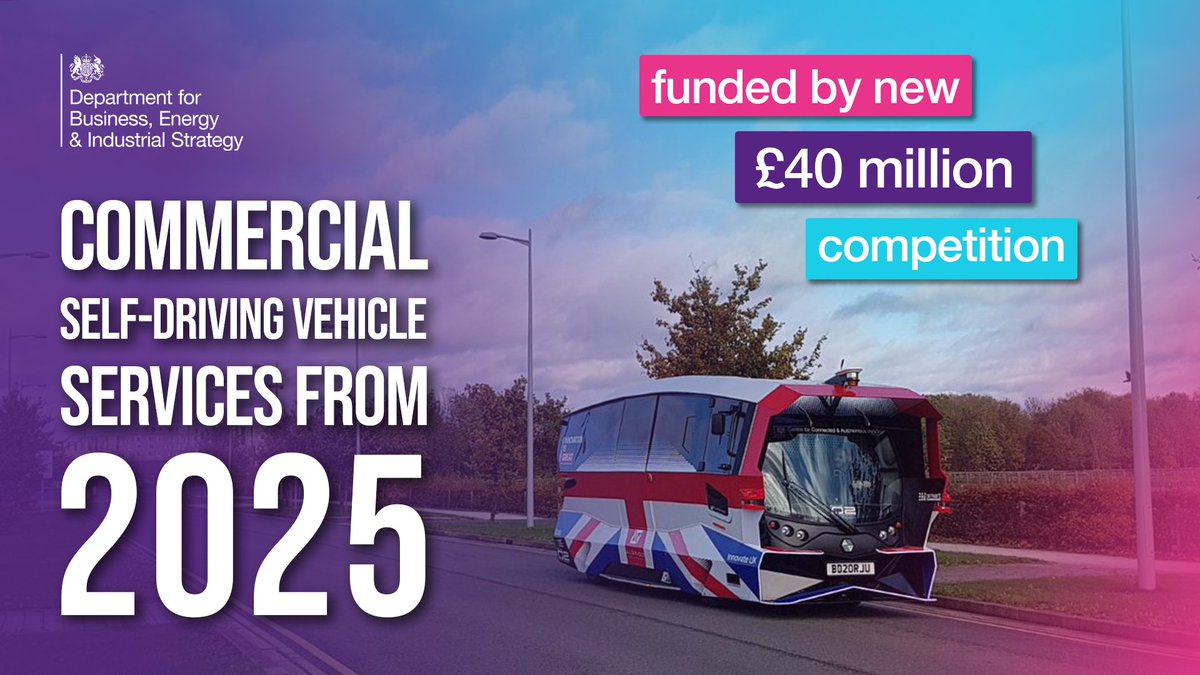 🚐 Self-driving buses, shuttles and delivery vans could soon hit UK roads!

A new £40m competition run by <a href="/ccavgovuk/">CCAV</a> has launched today to accelerate commercial self-driving technology, which could create 38k new jobs over the next decade.

Find out more⬇️
gov.uk/government/new…