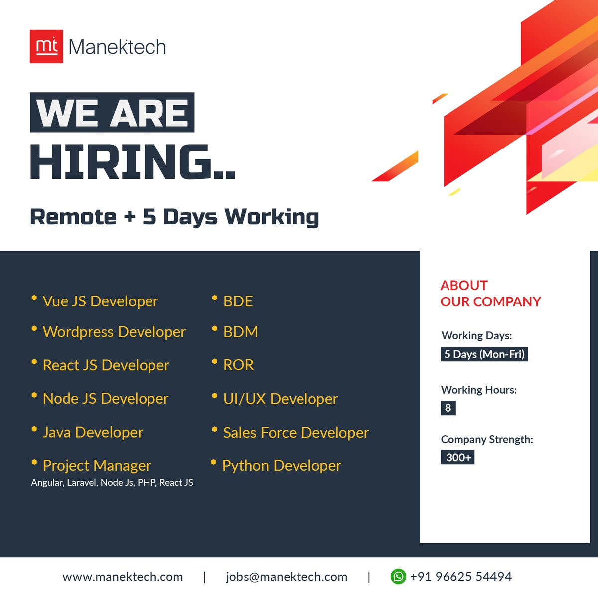 ManekTech's tweet photo. We are hiring!
Remote Remote Remote With 5 Days Working
Check out the Suitable profile and be a part of Manektech
#job #jobopening #JobOpportunity #manekTech https://t.co/vaYyehFAk4