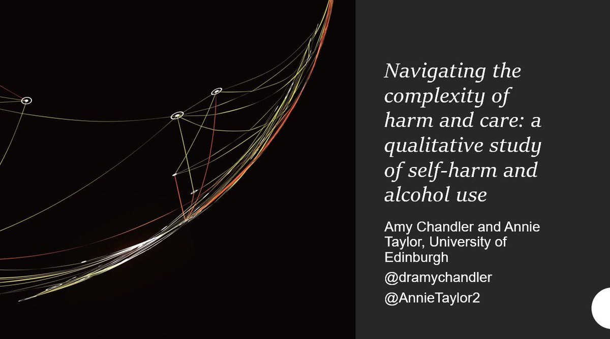 SHAAPAlcohol's tweet photo. Welcome to our @SHAAPAlcohol/@SARNalcohol Alcohol Occasionals event!
"Navigating the complexity of harm and care: a qualitative study of self-harm and alcohol use"
๐ฃDr Amy Chandler @DrAmyChandler and Annie Taylor @AnnieTaylor21
#AlcOcc22 event thread ๐ https://t.co/4cMRbXmk4d