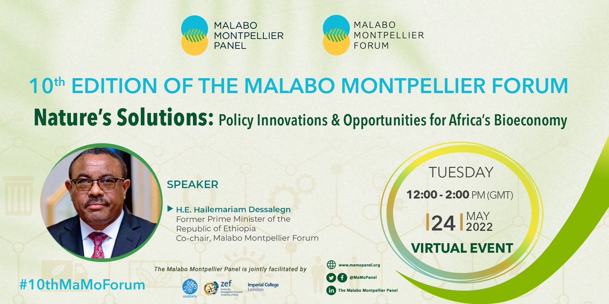test Twitter Media - Don't miss the intervention of H.E. @HMDessalegn, Former Prime Minister of #Ethiopia, during the #10thMaMforum under the theme: “Nature's Solutions: Policy Innovations & Opportunities for #Africa's #Bioeconomy”.

Register 👉https://t.co/bm9NoTFxlE 
More👉 https://t.co/lemNb7PGs0 https://t.co/YadCavADGl