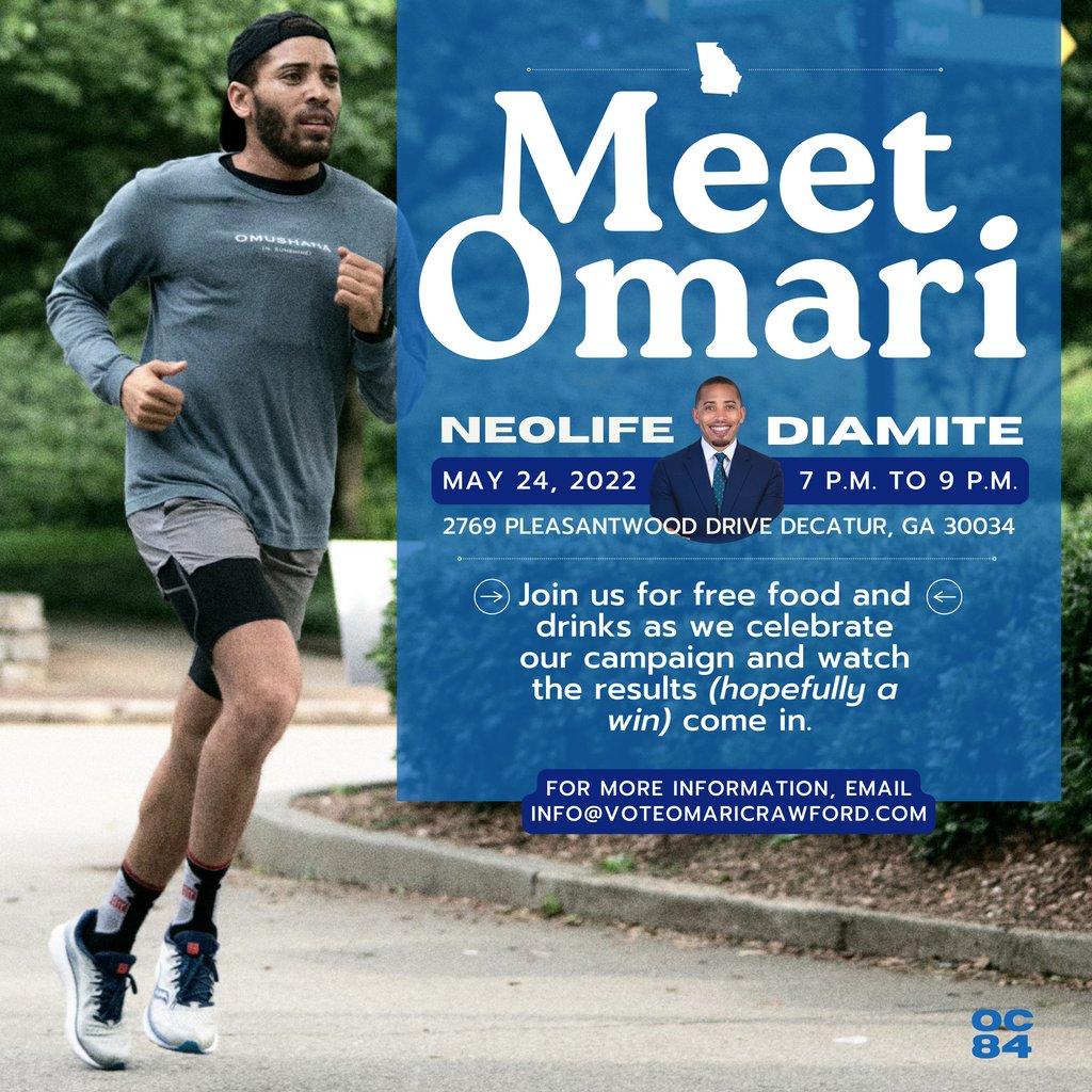 Thank you for running with me and this campaign over the last four months. Now join me at the NeoLife Center (AKA The Finish Line) as we raise our glasses to a race well run and hopefully, to victory. For more information, please email info@voteomaricrawford.com. #RunWithOmari