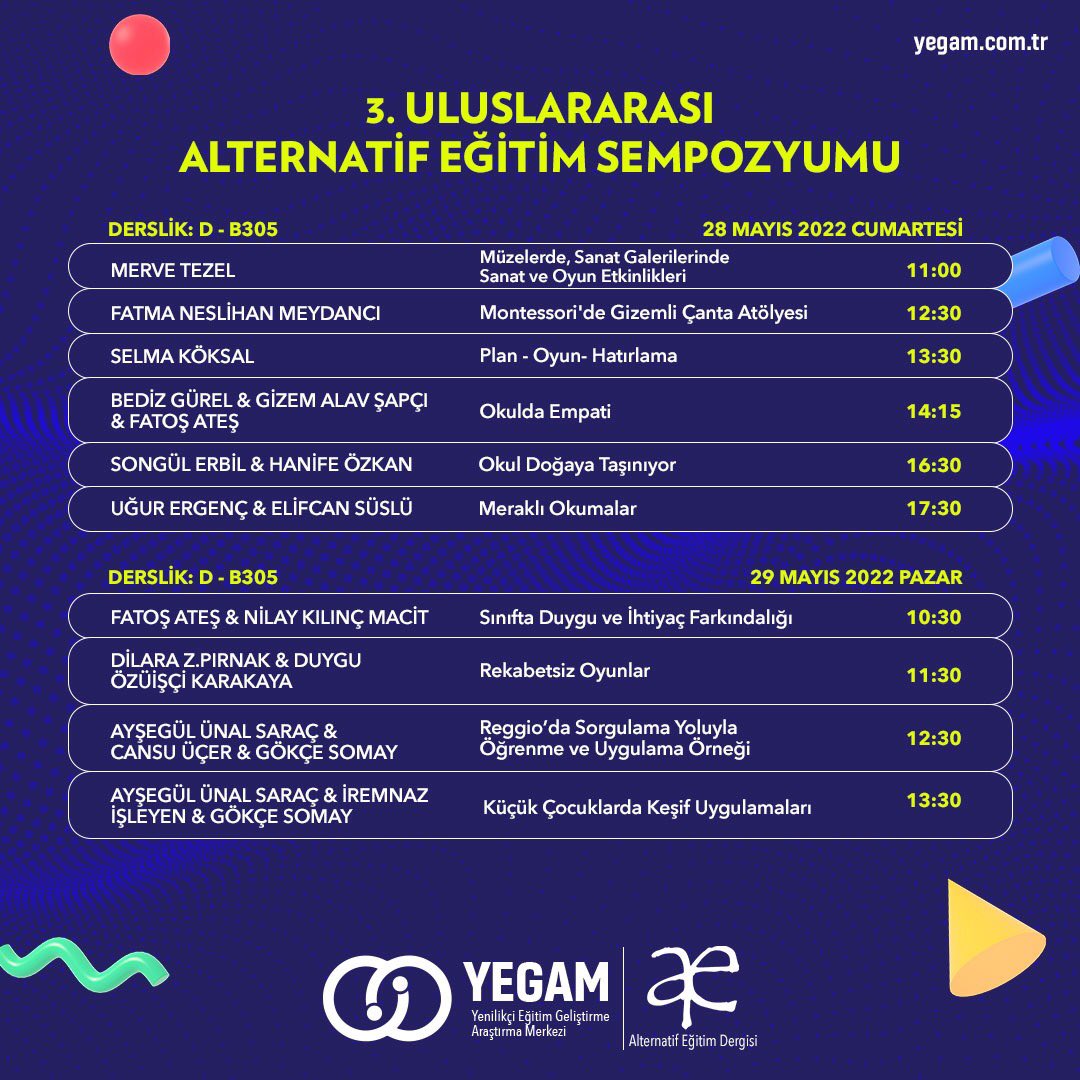 3. Uluslararası Alternatif Eğitim Sempozyumu, 28-29 Mayıs 2022 tarihinde Bahçeşehir Üniversitesi Beşiktaş Güney Kampüs'te gerçekleşiyor. 

Kıymetli eğitmenlerimizle birlikte benim de atölye çalışmamım oldugu panel ve atölye kayıtları için form linkte: bit.ly/3wsNoYJ