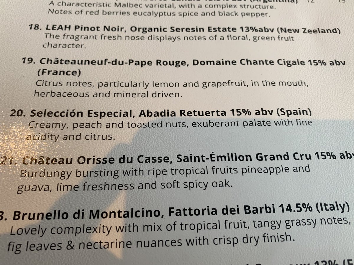 sybaricious's tweet photo. Intriguing notes on the red wine list in this restaurant….. highlights include the “Burdungy” from St Emilion and the “citrus notes” of the red Chateauneuf 🤨. #whenwinelistsgorogue #wine https://t.co/W2hElSQvOR