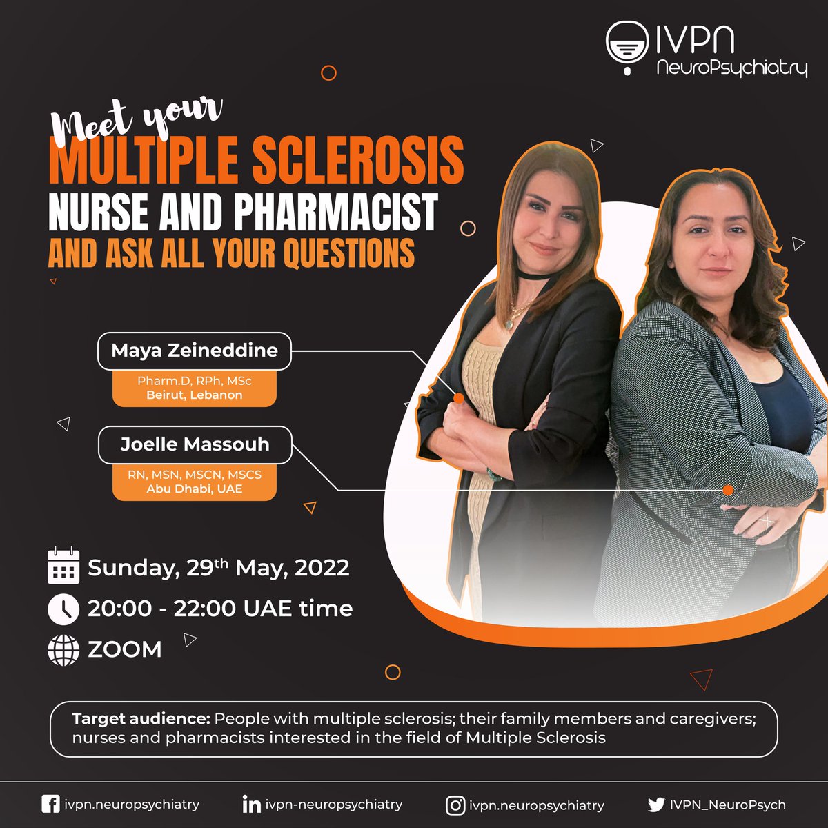 IVPN_NeuroPsych's tweet photo. On the occasion of the World Multiple Sclerosis (MS) Day on May 30, IVPN-Neuropsychiatry would like to invite people with MS and their family members to join us virtually on May 29, 2022 at 8:00 PM UAE time to raise awarness about MS. https://t.co/0nOl3AT83j https://t.co/91gsu8qdCf