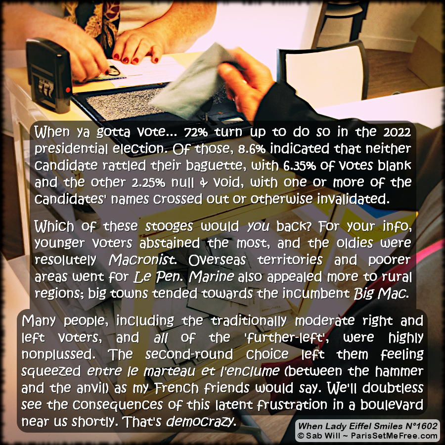 parissetmefree's tweet photo. 𝗪𝗛𝗘𝗡 𝗟𝗔𝗗𝗬 𝗘𝗜𝗙𝗙𝗘𝗟 𝗦𝗠𝗜𝗟𝗘𝗦 𝗡°𝟭𝟲𝟬𝟮 (Aux urnes, camarades! 😬 🗳 🤯)
𝗩𝗢𝗟𝗨𝗠𝗘 𝟯 - 𝗕𝗼𝗼𝗸 𝟮 - 𝘾𝙝𝙖𝙥𝙩𝙚𝙧 𝟳 - 𝘊𝘩𝘳𝘰𝘯𝘪𝘤𝘭𝘦 9
---------------------------------------------
🤪 𝗧𝗲𝘅𝘁 &amp; 𝗣𝗵𝗼𝘁𝗼𝘀 © 𝙎𝙖𝙗 𝙒𝙞𝙡𝙡 𝟮𝟬𝟮𝟮 ❣️️ https://t.co/sGI6jA4sQj