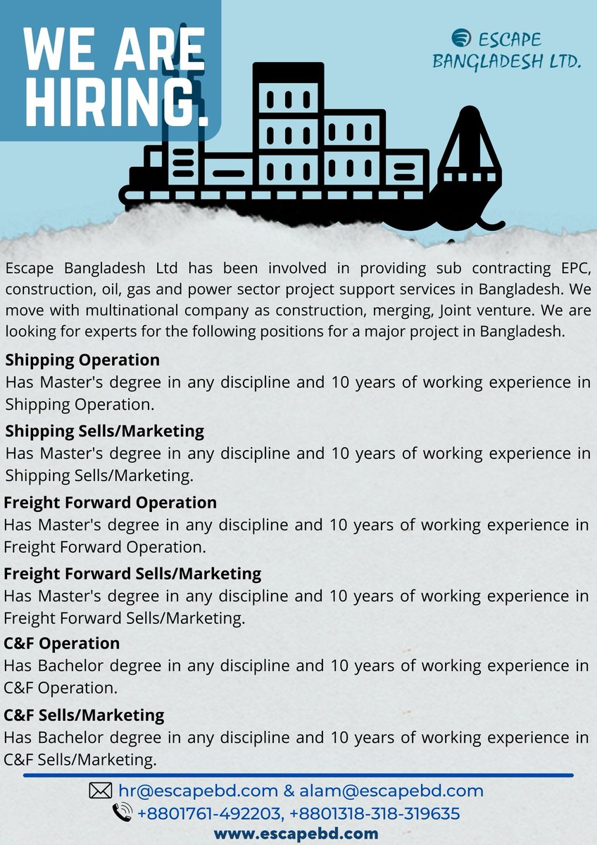 EscapeBdLtd's tweet photo. Opportunity to join with Escape Bangladesh Limited.
#JobInBangladesh #CareerOpportunityInBangladesh #BDJobs https://t.co/KseqxGMybo