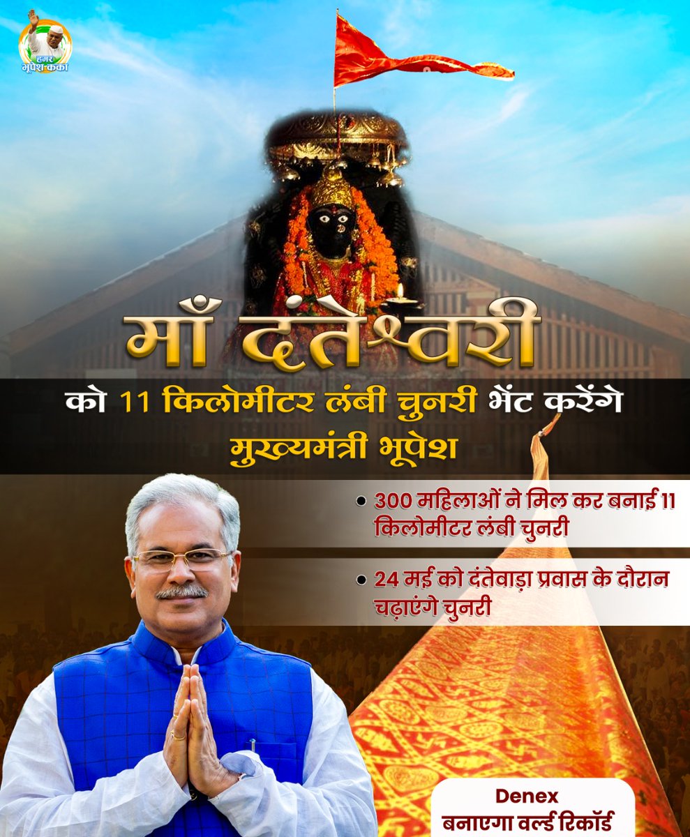 BhupeshKakka's tweet photo. मां दंतेश्वरी को 11 किलोमीटर लंबी चुनरी भेंट करेंगे मुख्यमंत्री भूपेश
Denex बनाएगा वर्ल्ड रिकॉर्ड
.
.
.
.
#bhupeshkakka #denex #BhupeshHaiTohBharosaHai #danteswari #Chhattisgarh #BhupeshBaghel @INCChhattisgarh https://t.co/IvwR02H6gc