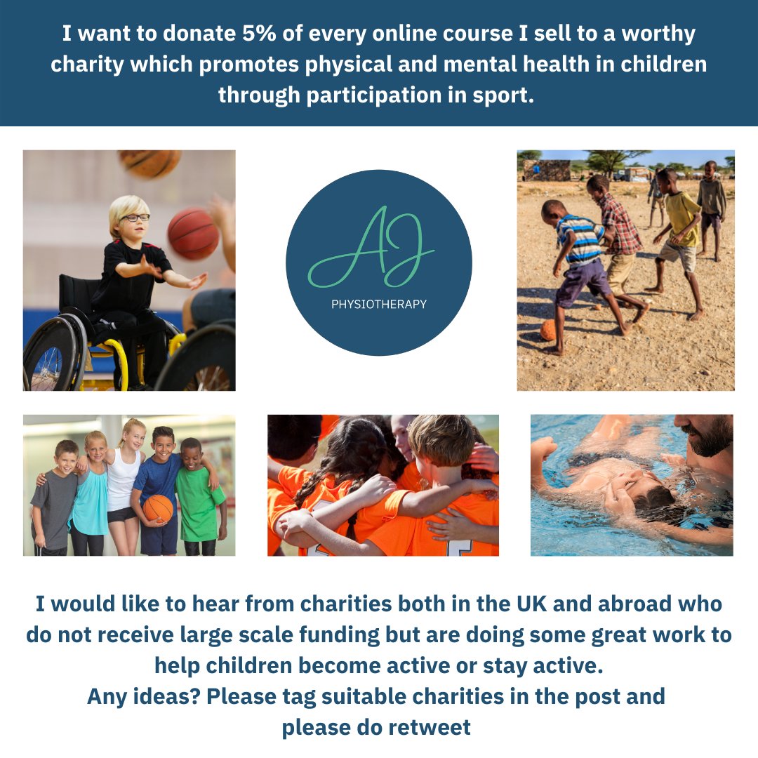 angiejphysio's tweet photo. Do you know a charity that's involved in promoting physical and mental health in kids through sport? I am going to donate 5% of every online course I sell to a charity that makes a difference in their community or abroad. Please retweet and let's find a really worthy cause #LTAD https://t.co/OPWIvhE6yF