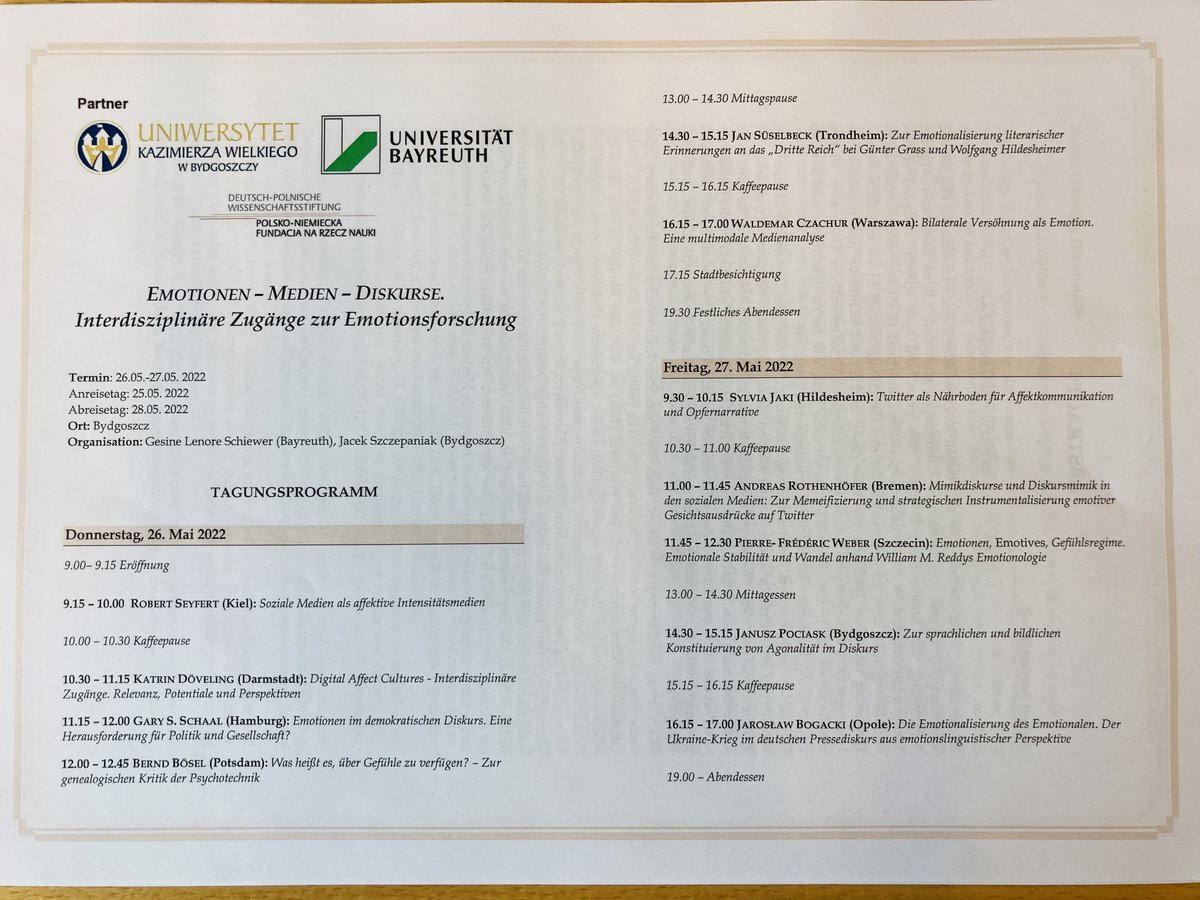 JanSueselbeck's tweet photo. Hier das Programm zur Tagung “Emotionen - Medien - Diskurse”. Interdisziplinäre Zugänge zur Emotionsforschung, 26.-28. Mai in Bydgoszcz, Polen. Ich freue mich schon auf die Reise und die Diskussionen. #AffectStudies https://t.co/aUaqOMhzLO
