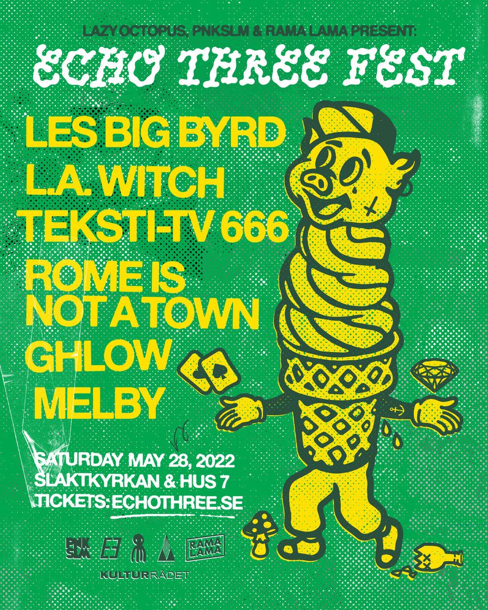 This Saturday! @LesBigByrd, @LA_WITCH, Teksti-TV 666, GHLOW, Rome Is Not A Town and @melbyband live at Slaktkyrkan. You don’t wanna miss this one… Tickets selling fast at –> echothree.se