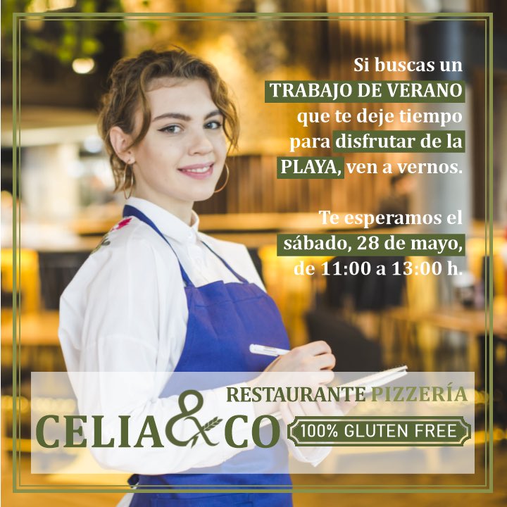 CeliayCo_'s tweet photo. Si buscas un #trabajodeverano para compaginar con tus #vacaciones playeras, tenemos un puesto para ti 
 El sábado, 28 mayo 2022, haremos entrevistas de 11:00 a 13:00 h.
⚠️ Trae un currículum con datos actualizados

#ofertadeempleo #ofertadetrabajo #trabajo #glutenfree #singluten https://t.co/tIZIVErMsA