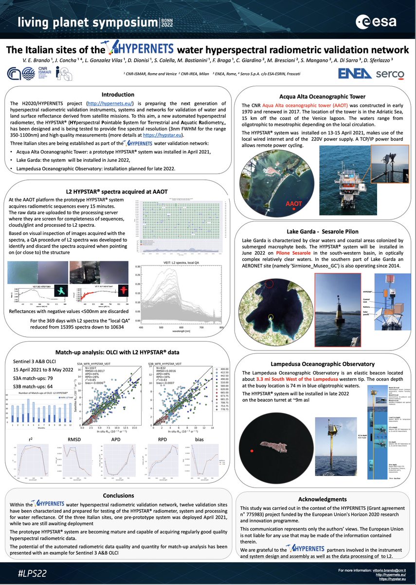 Almost arrived at <a href="/ESA_EO/">ESA Earth Observation</a> #LPS22! this afternoon I'll be at my poster describing the installation and first results of the Italian sites of the <a href="/Hypernets_H2020/">HYPERNETS</a>   water hyperspectral radiometric validation network.
see you soon!