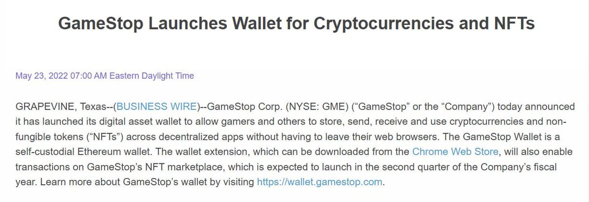 GameStop has announced the launch of a wallet for cryptocurrencies and NFTs.

 businesswire.com/news/home/2022…

#GameStop #GameStopNFT #NFT #LUNA #LUNAtics #WALLET #GameStopWallet #cryptocurrency