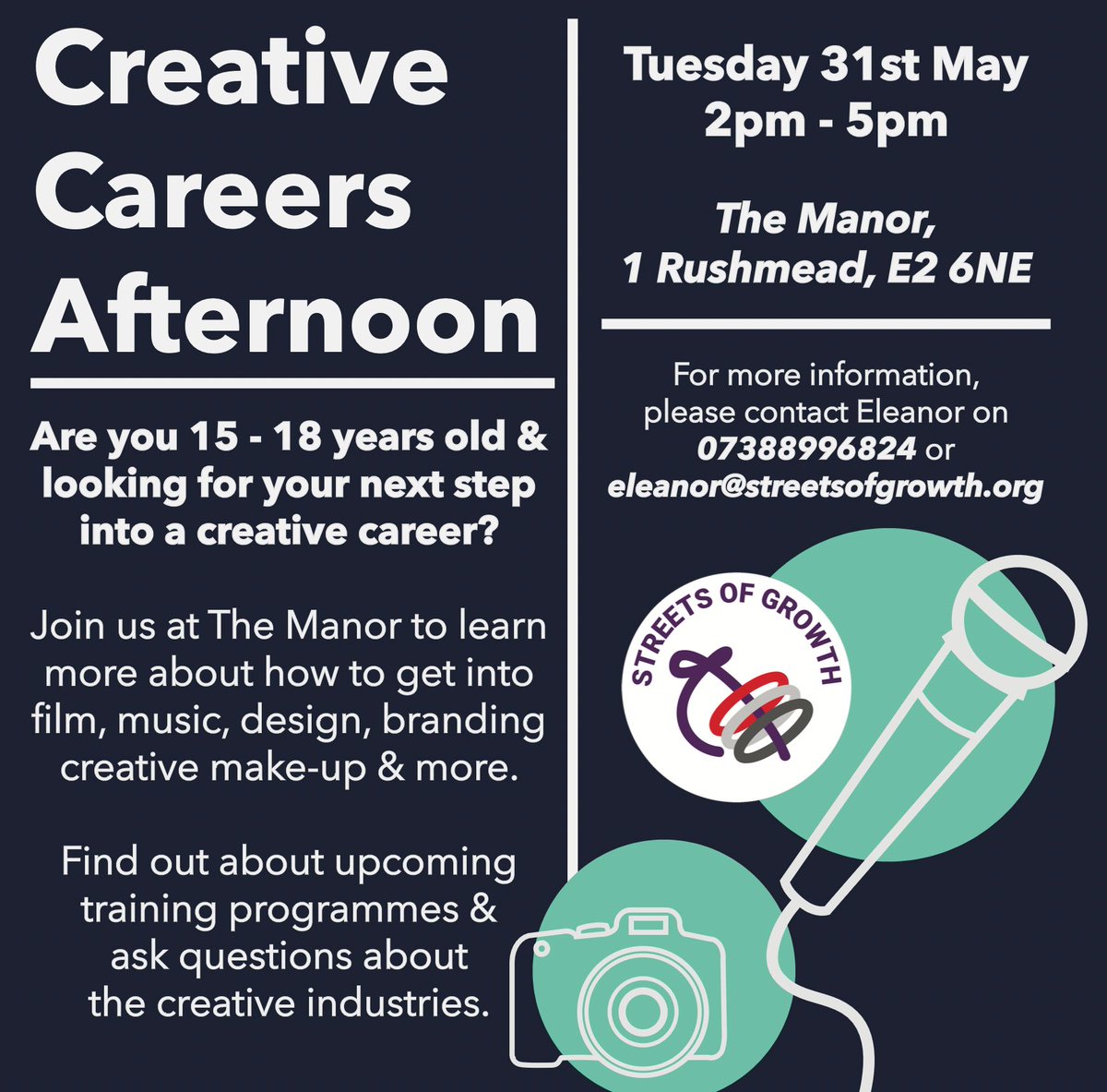 SoGrowth's tweet photo. We're holding a Creative Careers Afternoon for 15-18 year olds at The Manor next Tuesday 31st May from 2pm - 5pm. Find out more about how to get into film, music, design, advertising, creative make-up and more. Get in touch for more information! #creativementoring https://t.co/2d87EEUaZD