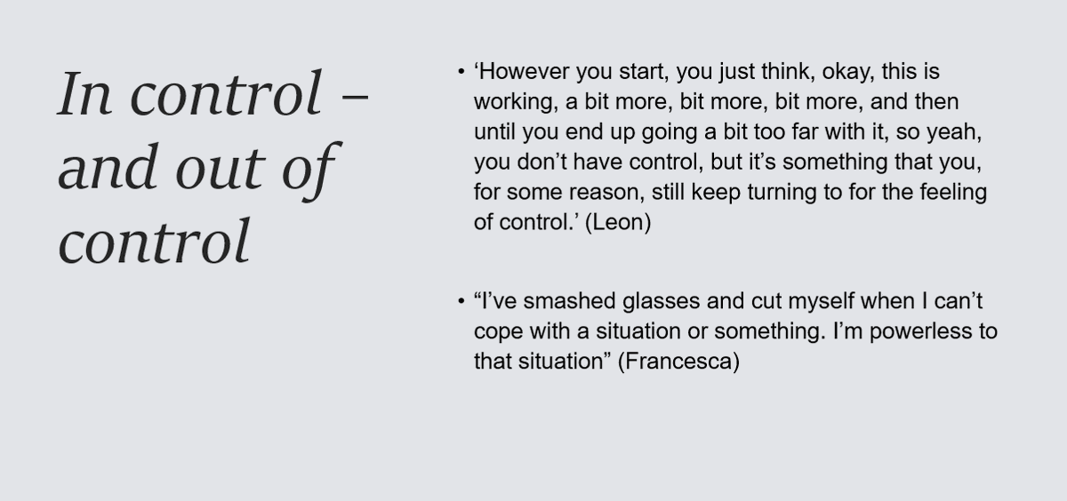SHAAPAlcohol's tweet photo. Alcohol use was described as a way of feeling both in control and out of control, depending on the situation #AlcOcc22 https://t.co/lrkN9qkOUS