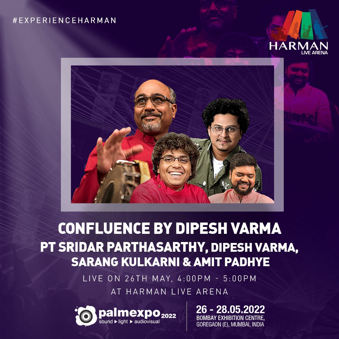 HarmanProIndia's tweet photo. Percussionist and rhythm producer, @dipeshvarma  is coming on stage with his band Confluence to HARMAN Live Arena on 26th May at 4 pm. Mark your calendars now!

To attend the HARMAN Live Arena, register for the @palm_expo at: https://t.co/JJhgWOJ8yd or at the venue. https://t.co/5drftQTMbo