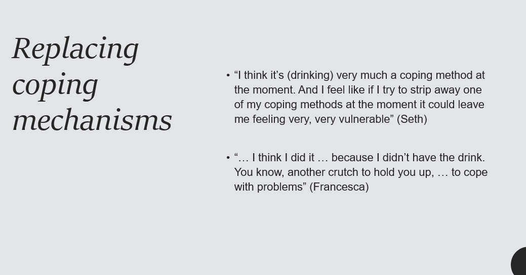 SHAAPAlcohol's tweet photo. For some participants, drinking was also framed as a replacement for self-harm as it was easier to hide #AlcOcc22 https://t.co/7NFkYfRqPW