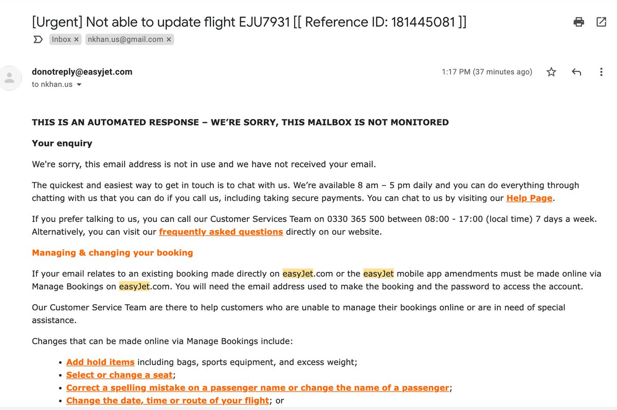 njmkhn's tweet photo. @easyJet @easyJet @easyJet_press I've also tried emailing to customer.service@easyjet.com but its bouncing back and I got an automated response that the email isn't monitored. https://t.co/6vrGevu7fR