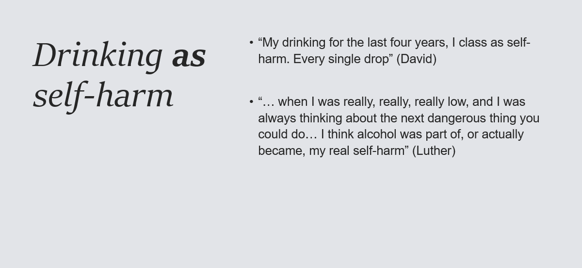SHAAPAlcohol's tweet photo. While some participants framed alcohol use and self-harm as separate practices, other saw alcohol as a form of self-harm #AlcOcc22 https://t.co/Kp6XqrGiGG