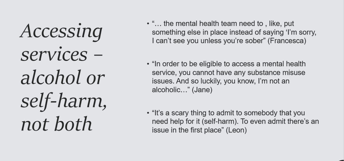 SHAAPAlcohol's tweet photo. Participants experienced challenges accessing mental health services while they were simultaneously consuming alcohol, leading many participants to "not tell the full story" when they were seeking support #AlcOcc22 https://t.co/dEyO196tdA