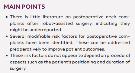 Risk Factors for Postoperative Neck Complaints
After Robot-Assisted Surgery. A Systematic
Literature Review

by Romners E, Jacxsens L, Topsakal V and @wdeherto

🔗entupdates.com/en/risk-factor…