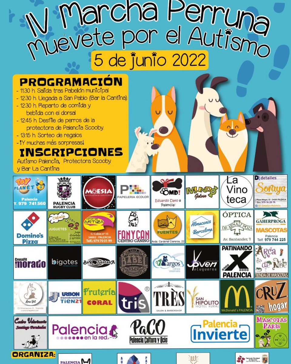 AutismoCyL's tweet photo. El 5 de junio…🐕‍🦺Vuelve la IV Marcha Perruna, muévete por el Autismo!! 🏃‍♀️

🔹Adquiere su dorsal en
La Cantina  (Plaza San Pablo, 7)
@scoobymedina (Camino Carabalaja,63)  
@autispal (Avda Simon Nieto,14)
Precio: 5 € (menores de 12 años, 3€)

🏃¡Os esperamos!🐶 https://t.co/smAD8kxcbl
