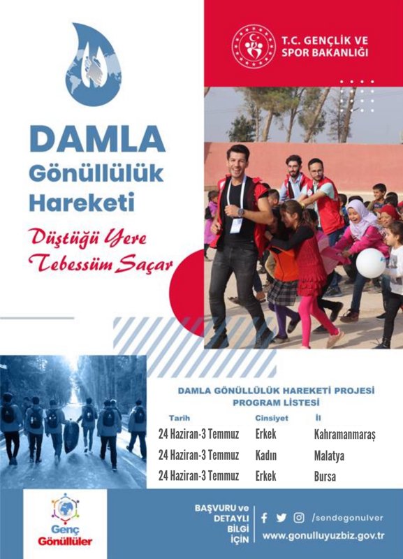 DamlaVolunteers's tweet photo. Heybemize yeni anılar koyacağımız programların yerleri ve tarihleri belli oldu: #Kahramanmaraş #Malatya #Bursa 

📅 Program Tarihleri: 24 Haziran-3 Temmuz 2022
🔗 Başvurular ve Detaylı Bilgi: https://t.co/QFK0qfPcef

❗Son Başvuru Tarihi: 27 Mayıs 2022

#DamlaGönüllülükHareketi https://t.co/oZZVMFEipp