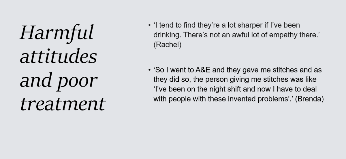 SHAAPAlcohol's tweet photo. Many participants reported negative experiences when presenting to A&E with a combination of alcohol use and self-harm, with some participants being "dismissed" by staff #AlcOcc22 https://t.co/11OSkodoPh