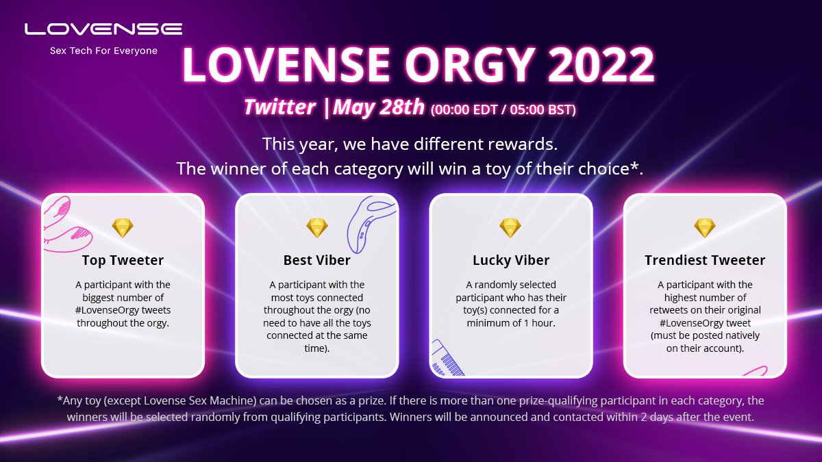 Lovense's tweet photo. This year, we're giving away prizes to the top achievers in the following categories:

🏆Top Tweeter
🏆Best Viber
🏆Trendiest Tweeter
🏆Lucky Viber

The more active you are, the higher chances you have of winning! Find out more about our #LovenseOrgy: https://t.co/GtRQgMhzzC https://t.co/VsbltMFs3A