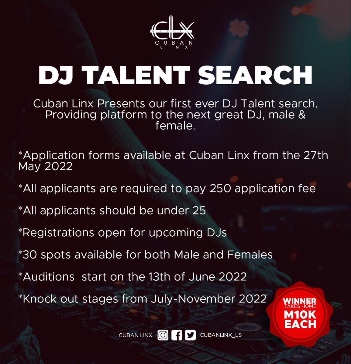 TummieLetsapo's tweet photo. 🚨🚨🚨
#LsTwitter, 60 DJs, 5 months , 20 thousand on the line..There can only be two winners..Will it be you? The Cuban Linx DJ Talent Search
#justlive
#clxdjtalentsearch
@cubanlinx_ls https://t.co/1f7PFPp6uA
