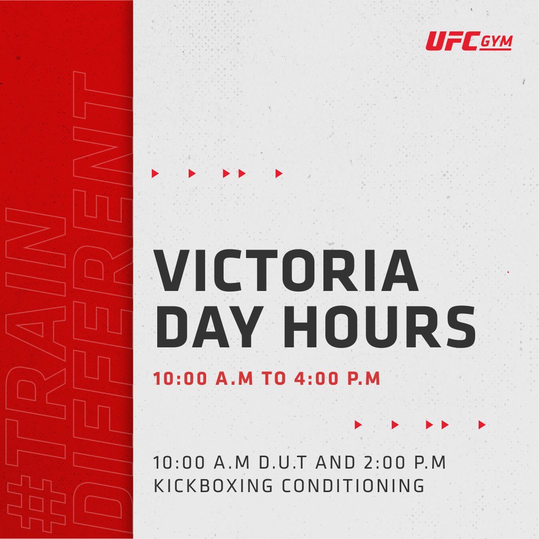 VICTORIA DAY HOURS AND CLASSES 💥

10:00 A.M to 4:00 P.M

10:00 A.M D.U.T w/ Coach Ashley

2:00 P.M KICKBOXING CONDITIONING w/ Coach Michael