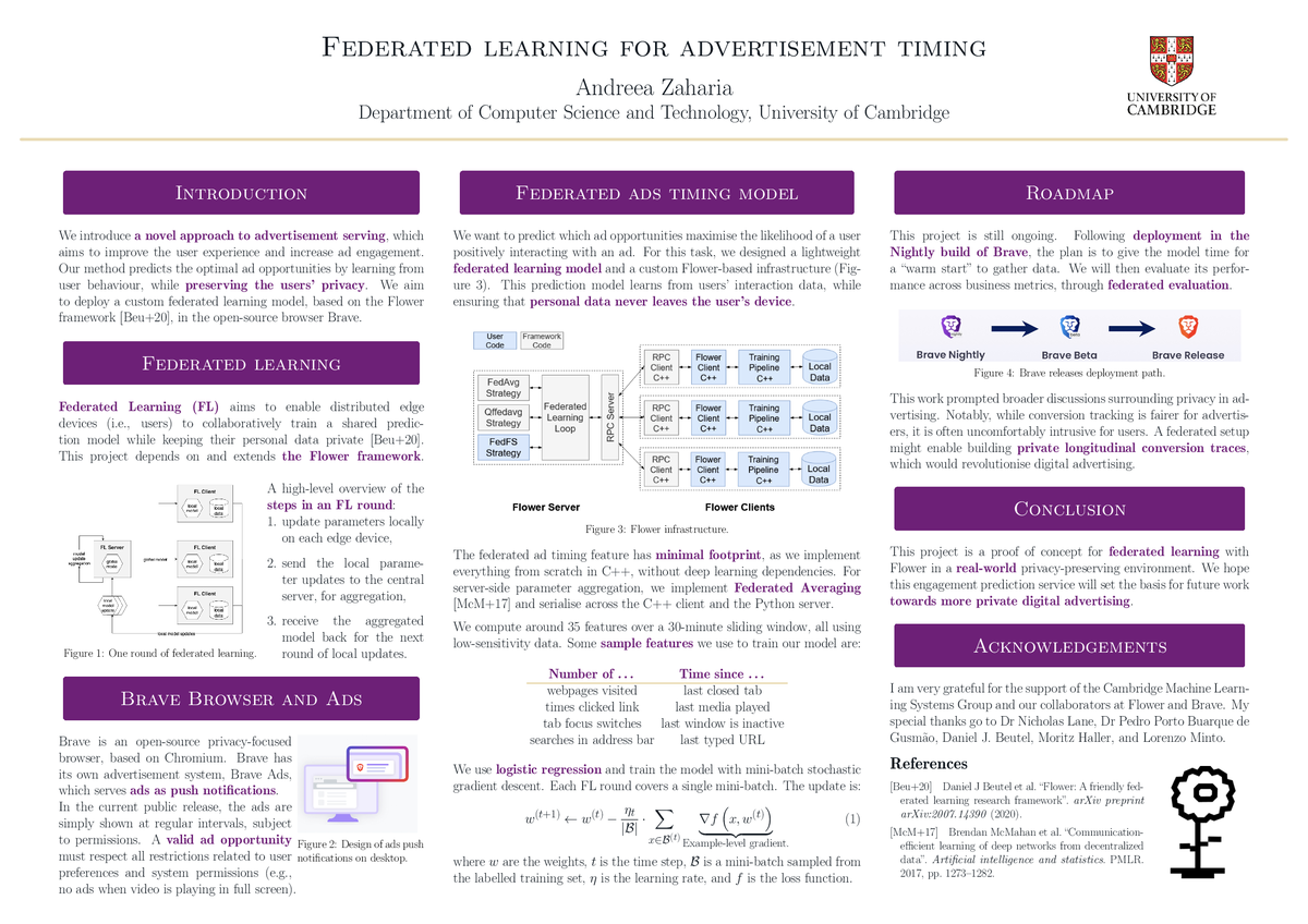 🎉Very nice to see that <a href="/andreeaazaharia/">Andreea Zaharia</a> recently took first place in the 'Best MSc Student' contest at the national <a href="/bcs_lovelace/">BCSWomen Lovelace</a> conference. She won with her research (with <a href="/CaMLSys/">Cambridge ML Systems Lab</a> , <a href="/brave/">Brave</a> , and Flower.dev ) on Federated Learning for ad timing. Congrats Andreea!