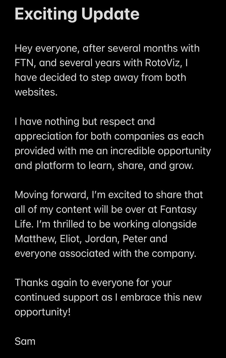 Exciting Update! 🚨

Moving forward, all of my content will be over <a href="/MBFantasyLife/">Fantasy Life</a> 🏆

I’m grateful for the opportunities I had with both RotoViz &amp; FTN and wish them nothing but the best.

Excited for this new opportunity!