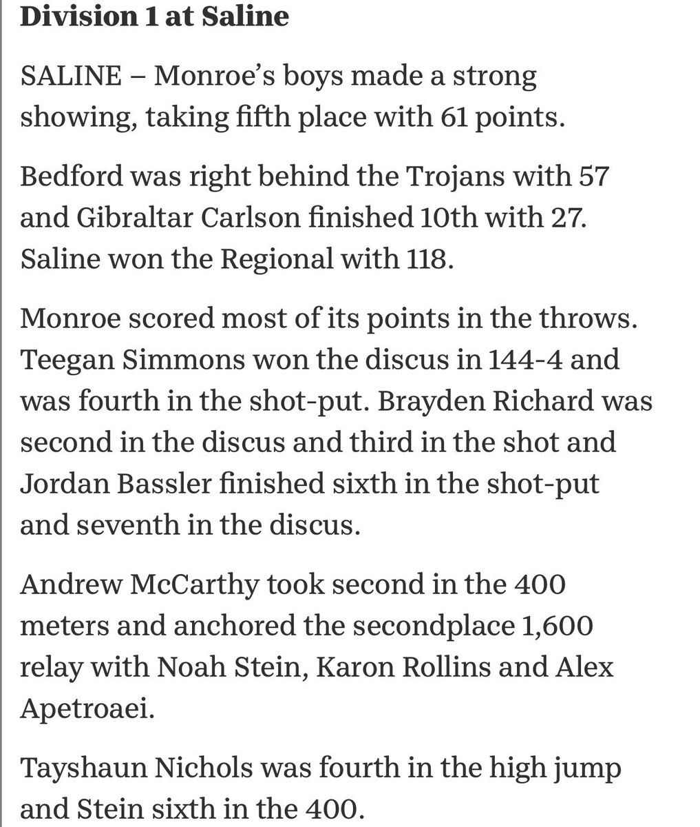 MonroeTrojansFB's tweet photo. S/O to our Monroe Trojans Track &amp; Field Team on a strong showing at the Regionals on Friday!

Good luck to @amccarthy_03, @BraydenRich50 &amp; Teegan Simmons at the State Meet! 

#GoTrojans https://t.co/Bhx7h67Vmy