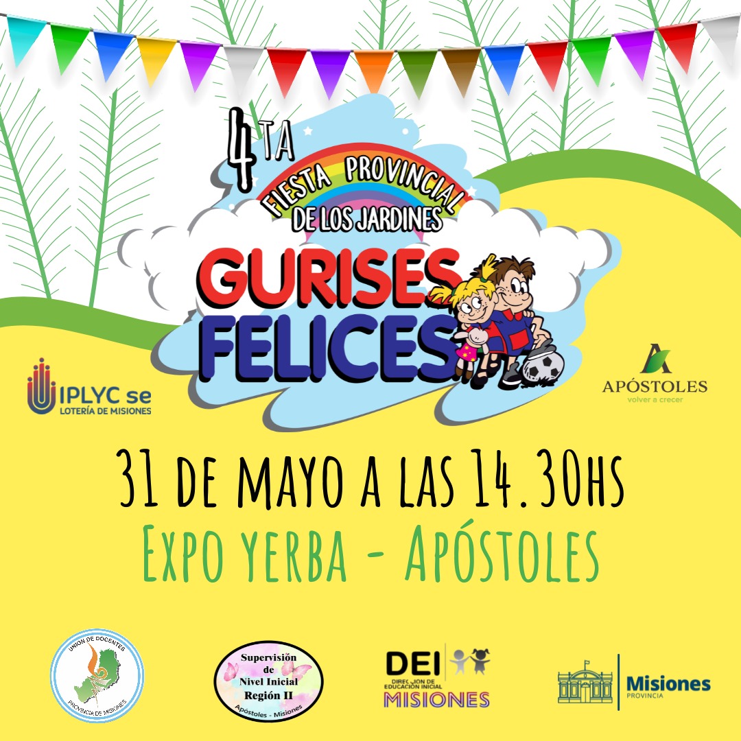 "IV Festejo Provincial del Día de los Jardines"🎊🎉
Proyecto organizado por el a
<a href="/CGEMisiones/">CGE Misiones</a>, @deinicialmisio1 <a href="/iplyc/">IPLyC Misiones</a>, <a href="/udpm_misiones/">UDPM</a> y Municipalidad de Apóstoles

Gracias por el acompañamiento!
 Los esperamos!🎉

<a href="/eugeniasafran/">María Eugenia Safrán</a> <a href="/nancy_jara1/">Nancy Jara</a> <a href="/grillo141/">Ruben Dario</a> <a href="/jalbertogalarza/">Juan Alberto Galarza</a>