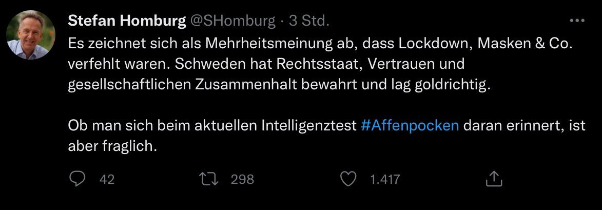 humbughund's tweet photo. ...und die Parteien (AfD, Basis), die diese "Mehrheitsmeinung" vertreten, gewinnen daher auch jede Wahl....zumindest in der eigenen Welt des frühpensionierten Stefan Homburg. 👴 https://t.co/78nLfEPBa5