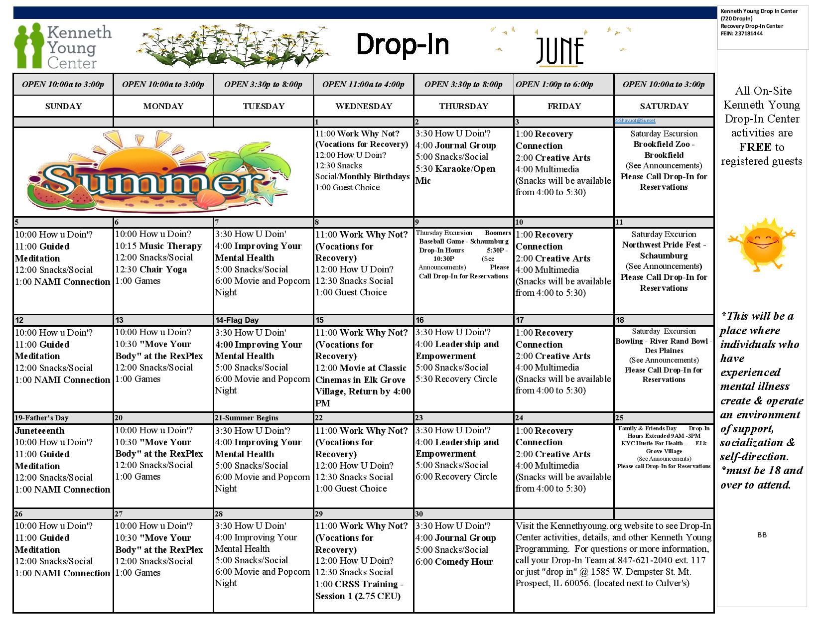 Kenneth Young Center on Twitter: "June will be a fabulous month at the  Drop-In Center! From movie nights to career support to exciting excursions,  our Drop-In Center is an incredible free community-building