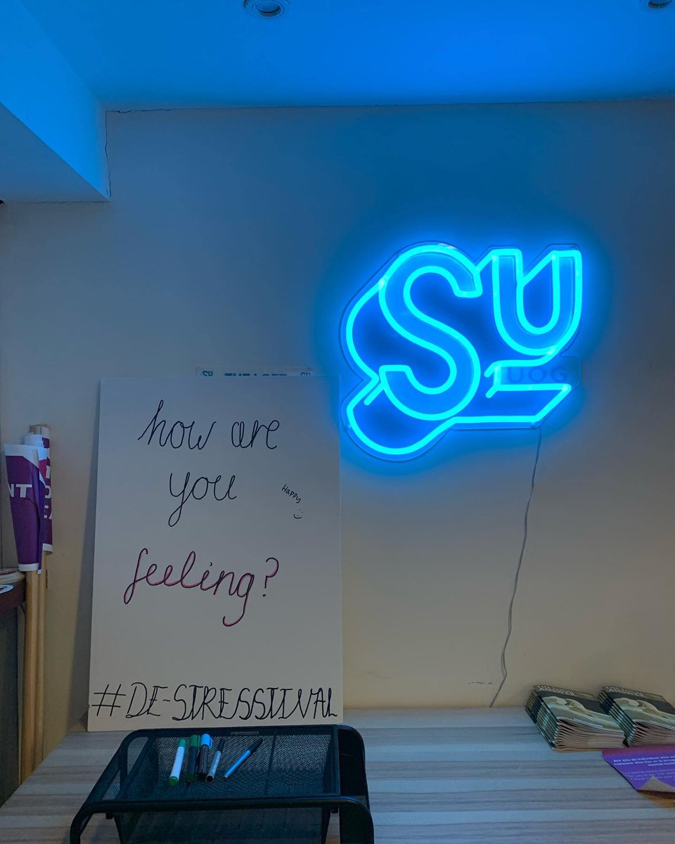 yoursuwelfare's tweet photo. What a week for De-Stresstival🤩

It was great being able to deliver relaxing events for students. We hope we’ve been able to de-stress you at UoG!💛

A MASSIVE thank you to chaplaincy, sustainability and UniSport for their support, and to SU colleagues for their contributions!😊 https://t.co/cFoxBAcjhx