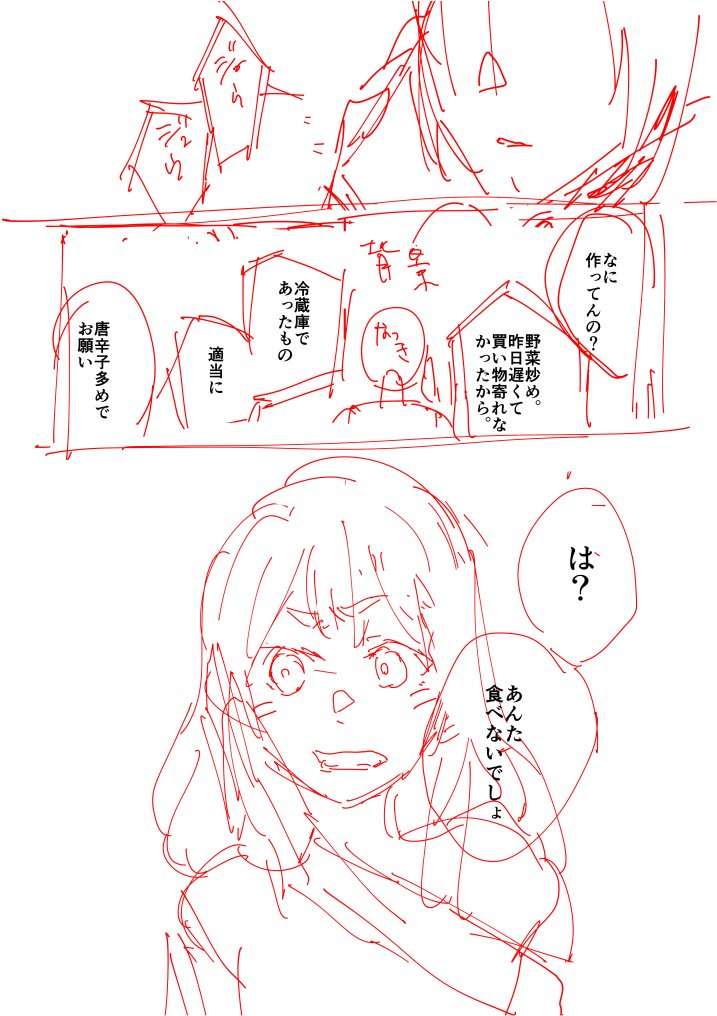 「菜箸片手に、怪訝そうに眉間にシワを寄せている優子の顔ならほら。こんなに鮮明に想像できる。」の文章に合わせて初めて優子の顔を出したほうがいいのでは?と思って修正した第二稿。3pと4pの修正したネーム 