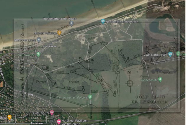 Bobebbop's tweet photo. The 'missing links' of the Belgian and NL coast is an intriguing topic. Trying to envision Harry Colt & Co. designed Lekkerbek site with this overlay. Images courtesy 'Golfs Missing Links' website. @nle_golf @IVGD1 #CourseTour @BelgianGolfer https://t.co/rA6urLXtLF https://t.co/qaYPVl2jC7